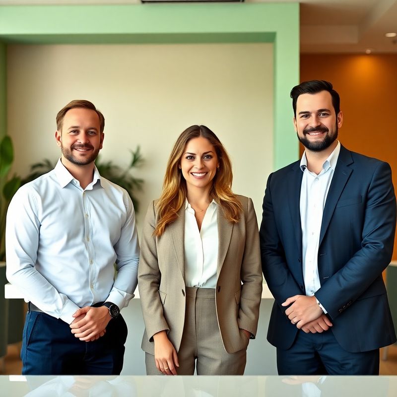 Trei consultanți StrategyRoadmap într-o zonă de recepție stone-mint